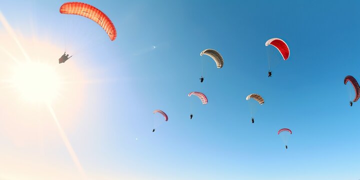 A scene of skydivers or paragliders against a clear blue sky, concept of Free-fall enthusiasts, created with Generative AI technology