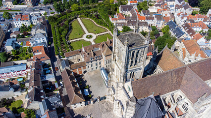 Aerial view of the gardens of the Episcopal Palace and Saint Etienne Cathedral of Meaux, a Roman...