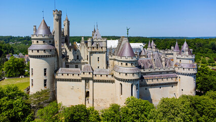 Aerial view of the Castle of Pierrefonds in the forest of CompiÃ¨gne, Picardy, France - Medieval...