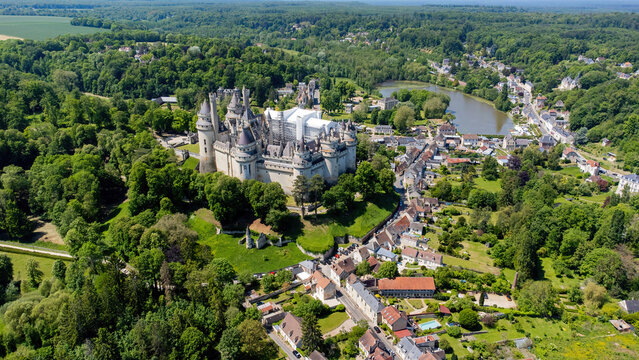 Aerial view of the Castle of Pierrefonds in the forest of Compi&Atilde;&uml;gne, Picardy, France - Medieval castle restored by the French architect Eug&Atilde;&uml;ne Viollet-le-Duc in the 19th Century