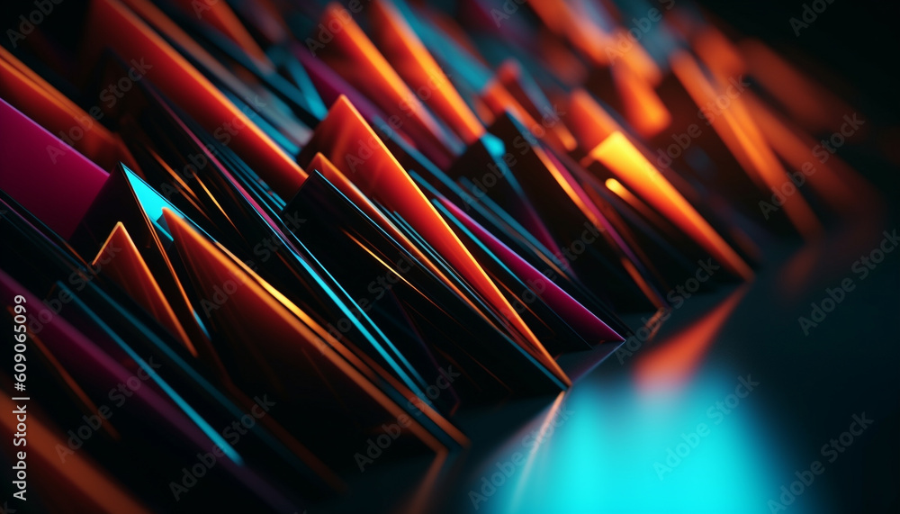 Poster glowing shapes in vibrant colors reflect data generated by ai