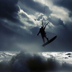 Kiteboarding riding the waves in a storm