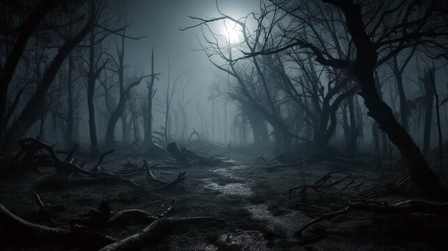 Dead cliff road on the dead mysterious forest with three crows on the night