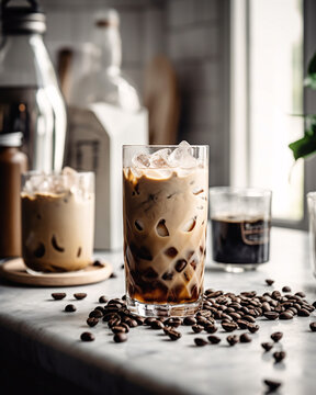 Ice coffee in a tall glass with cream poured over and coffee beans. Cold summer drink