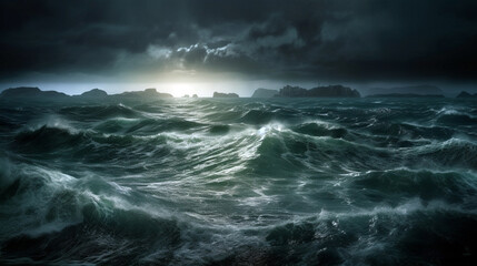 Naklejka na ściany i meble dark ocean storm with lighting and waves at night