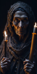 portrait of an elderly witch holding a candle