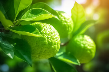 Close up of Bergamot fruit hanging on a bergamot tree branch in sunlight. - obrazy, fototapety, plakaty