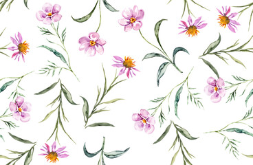 Fototapeta na wymiar Cute seamless pattern with wildflowers, branch, leaves. Vintage background. Creative childish texture for fabric, wrapping, textile, watercolor. Vector illustration.