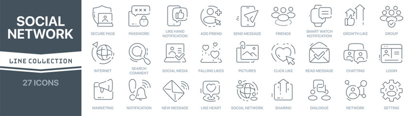 Social network linear signed icon collection. Signed thin line icons collection. Set of social network simple outline icons