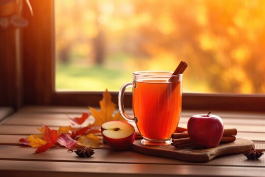 Delicious Hot Apple Spiced Cider  with Fall Leaves in the Background. Generative AI