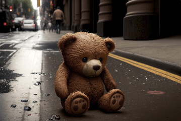 Teddy bear sitting on the street. Sad abandoned little toy discareded on the asphalt. Generative AI