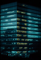 Fototapeta na wymiar Multi-storey building from the windows of which the light is on. AI Generated