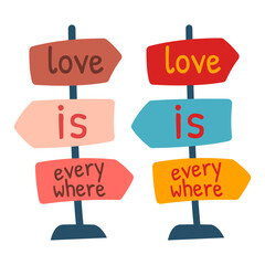 Love street sign with arrows pointing in both directions - flat color line icon on isolated background. Valentine's Day, wedding, marriage, engagement vector template.
