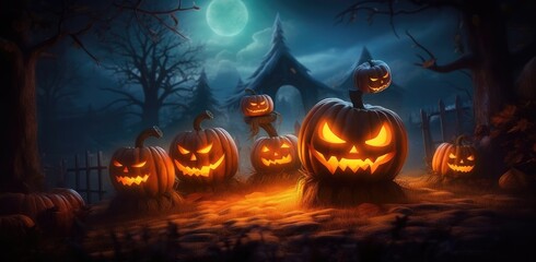 Obraz premium Halloween pumpkins and jack o lanterns on table with beautiful misty atmosphere, mysterious backdrop. Generative AI