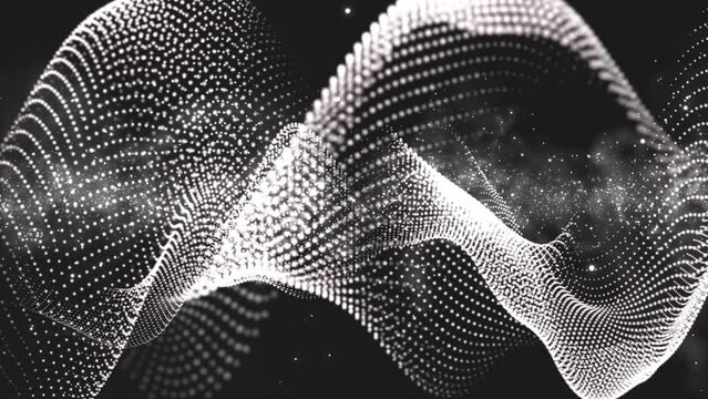 3d looped bg data flow concept, sci-fi background digital space. high tech field with glow particles form lines and surface waves. Hi-tech information flow, blockchain, bigdata visualization. DOF