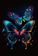 Fototapeta na wymiar Several neon colotfull butterflies in a watercolor style, on a dark background. AI Generated