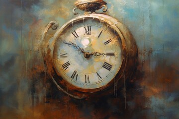 Time captured in a timeless oil painting, showcasing an exquisite clock. Generative AI