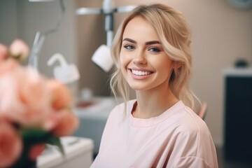 To advertise a dentist. Portrait of a beautiful girl after a dentist appointment. Dentist. Beautiful smile. Generative ai.