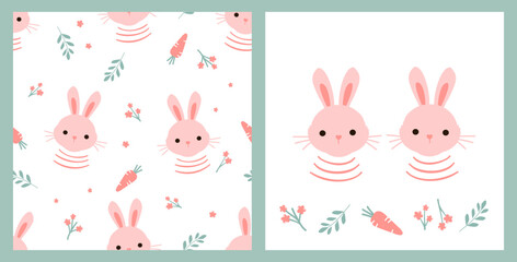 Easter seamless pattern with bunny rabbit cartoons, branch, cute flower and carrot on white background vector illustration.