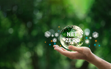 net zero and carbon neutral concept. Net zero text in crystal ball on human hand. Zero net...
