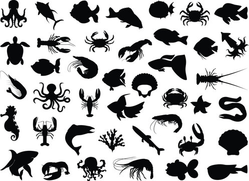Set of Seafood Silhouette, Fish, Crab, 