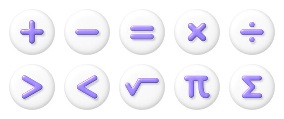 Math 3D icons set. Purple arithmetic plus, minus, equals, multiply and divide signs on white buttons. vector illustration.