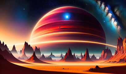 Fototapeta na wymiar Landscape of an alien planet, view of another planet, science fiction background. Generative Ai.