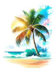 Fototapeta na wymiar Palm tree on a tropical island with beach and sea waves, flat sticker illustration isolated on white, generative Ai.