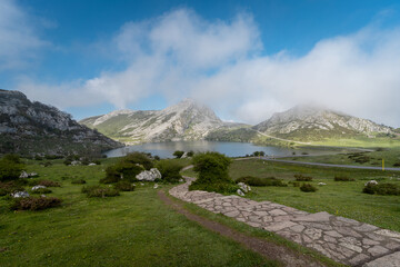 Fototapeta premium Panoramic view of Enol lake in Covadonga. Picos de Europa National park. Asturias. Spain