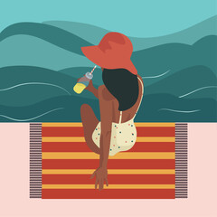 A beautiful black girl drinking a cocktail with long dark hair in red hat, pale yellow swimsuit sitting on the edge of the pool in faceless style for banners, posters, webs
