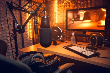 stock photo a podcast studio room microphone ultra realistic professional photography