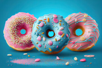 Donuts with red, pink and chocolate glaze on a plate, a woman takes one donut, blue. Generative Ai