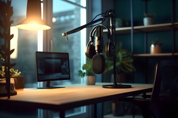 stock photo a podcast studio room microphone ultra realistic professional photography