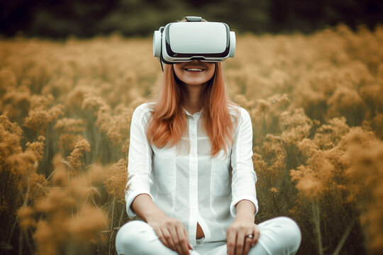 Smiling positive woman wearing virtual reality goggles headset, Generative AI