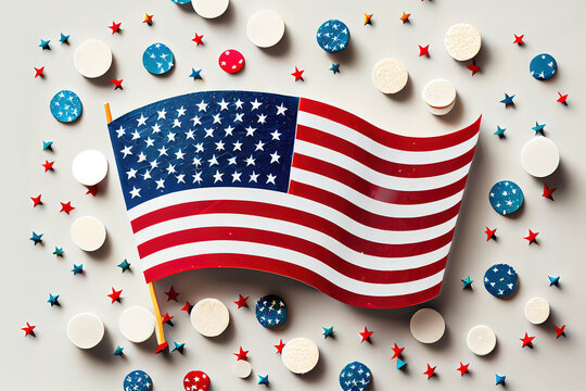 Top view of cupcakes with copy space and american flags. Generative Ai