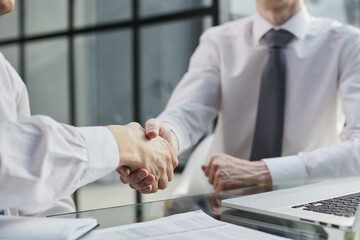 partners discuss business issues end the meeting with a handshake.