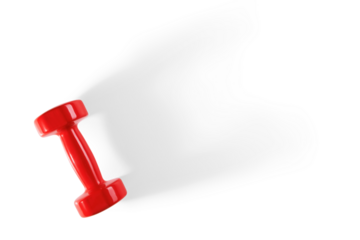 A red dumbbell with bright highlights casts a long shadow on the background. Isolated on a transparent background. View from above.