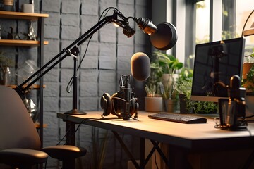 stock photo a podcast studio room microphone ultra realistic professional photography ai generated