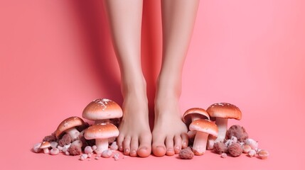image with female bare legs, feet with mushrooms between fingers. health care. foot fungus. AI generative