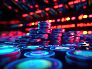 Fototapeta na wymiar Red blue casino chips in neon shades