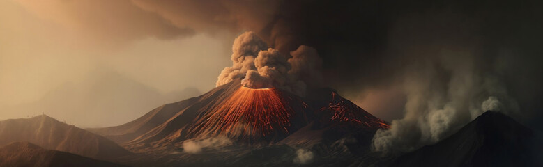 Volcanic eruption with the release of a huge amount of ash and lava, a dangerous natural phenomenon