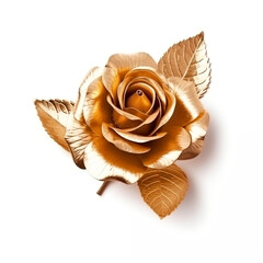 Realistic decoration in the form of a gold metal rose on a white background, generative AI