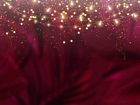 Viva magenta tropical forest foliage vector background. Dark palm leaves wedding invitation