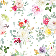 Pink rose, colorful flowers, dahlia, peony, ranunculus, eucalyptus,orchid, tulip, greenery vector design