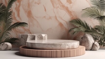 Abstract background scene of podium for display product for presentation concept made of natural stone slabs and palm. Ai Generative