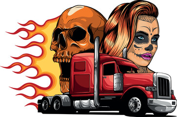 vector illustration of American Truck with woman and skulls