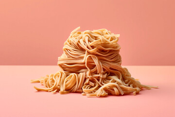 a nest of traditional ramen or udon noodles, raw and dry, isolated on a minimalistic pink background, created with generative ai