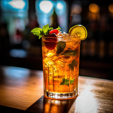 PImms Fruity Cocktail in a dimly lit bar, moody atmosphere, cosy and warm. Late night cocktail bar, restaurant.
