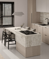 Elegant chic bohemian kitchen interior with natural materials. Wooden cabinet, stone countertop and concrete floor. Windows with beautiful landscape view. 3d rendering. High quality 3d illustration