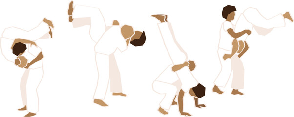 People doing martial art technics. Famous capoeira sequences, the cintura desprezada. Colorful vector illustration, men practicing immobilisation and acrobatic movements.